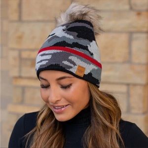 NEW Panache Camo Print Knit Winter Hat with Faux Fur Pom Pom